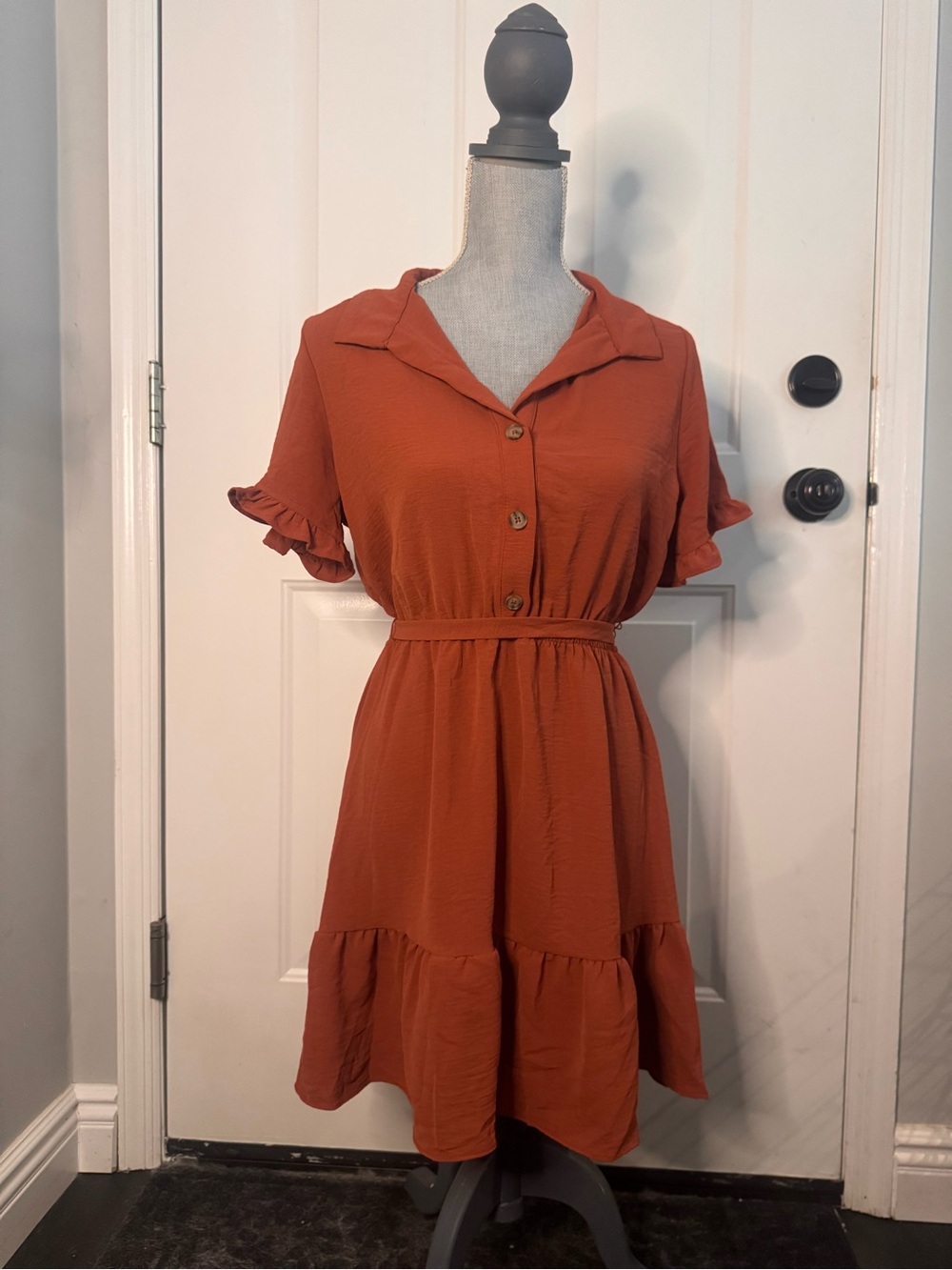 Ruffle Sleeve Button-Front Mini Dress in Rust